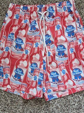 Pabst Blue Ribbon Swim Shorts Mens Small AOP Graphic Swimwear Trunks Beach Party